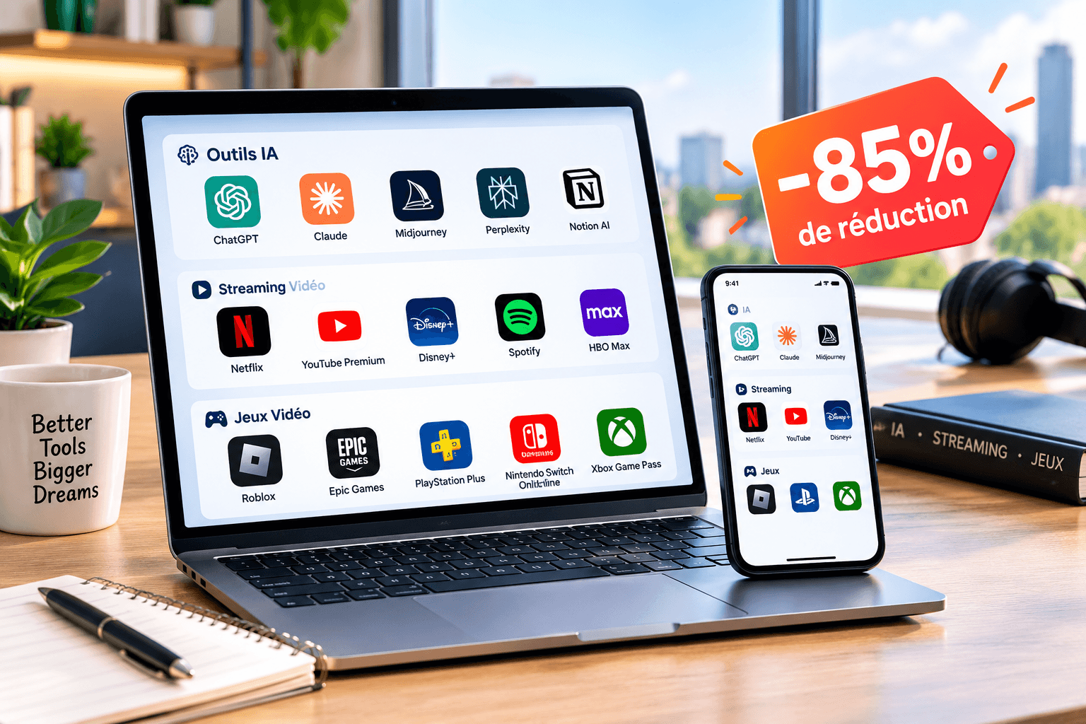 Deux personnes comparant le prix d'un partage d'abonnement de streaming sur un ordinateur portable